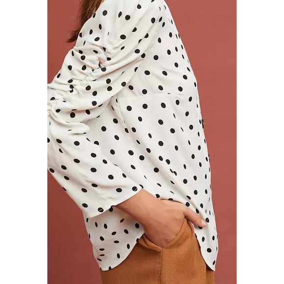 Maeve By Anthropologie Jourdain Blouse Polka Dot Ruched Sleeve Button Down X-S - Picture 13 of 15